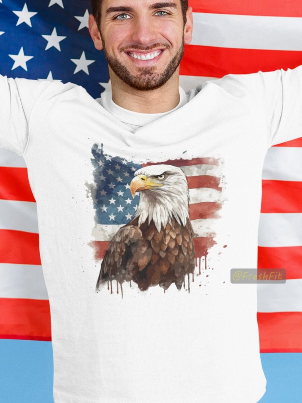 🆕USA Eagle American Flag Watercolor White T-Shirt Graphic Tee